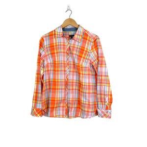 Talbots Womens Orange Plaid Button Up Size Medium Casual Lightweight Fall